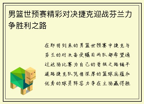 男篮世预赛精彩对决捷克迎战芬兰力争胜利之路
